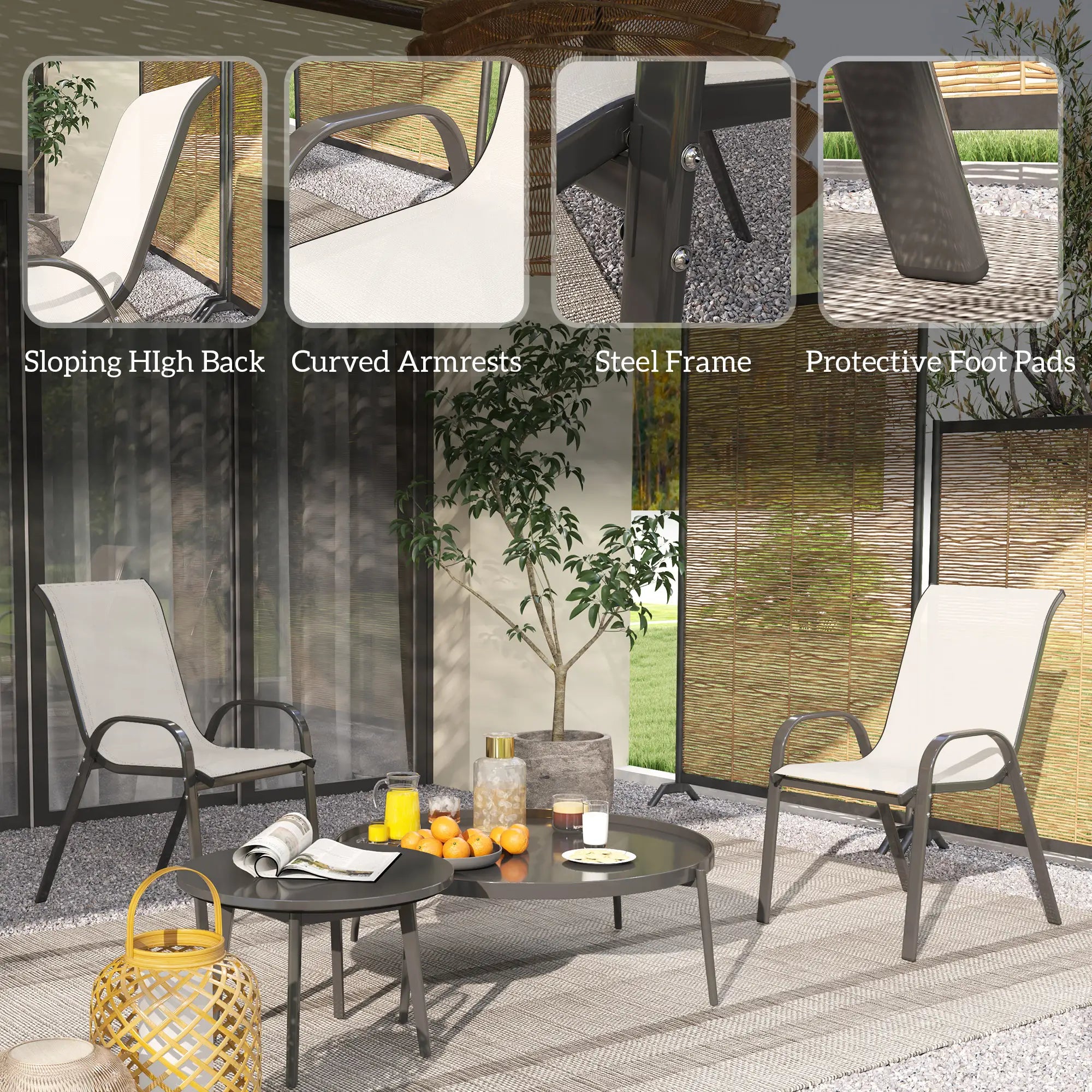 Set of 2 Outdoor Dining Chairs, Stackable, High Back, Light Grey Patio Chairs at Gallery Canada