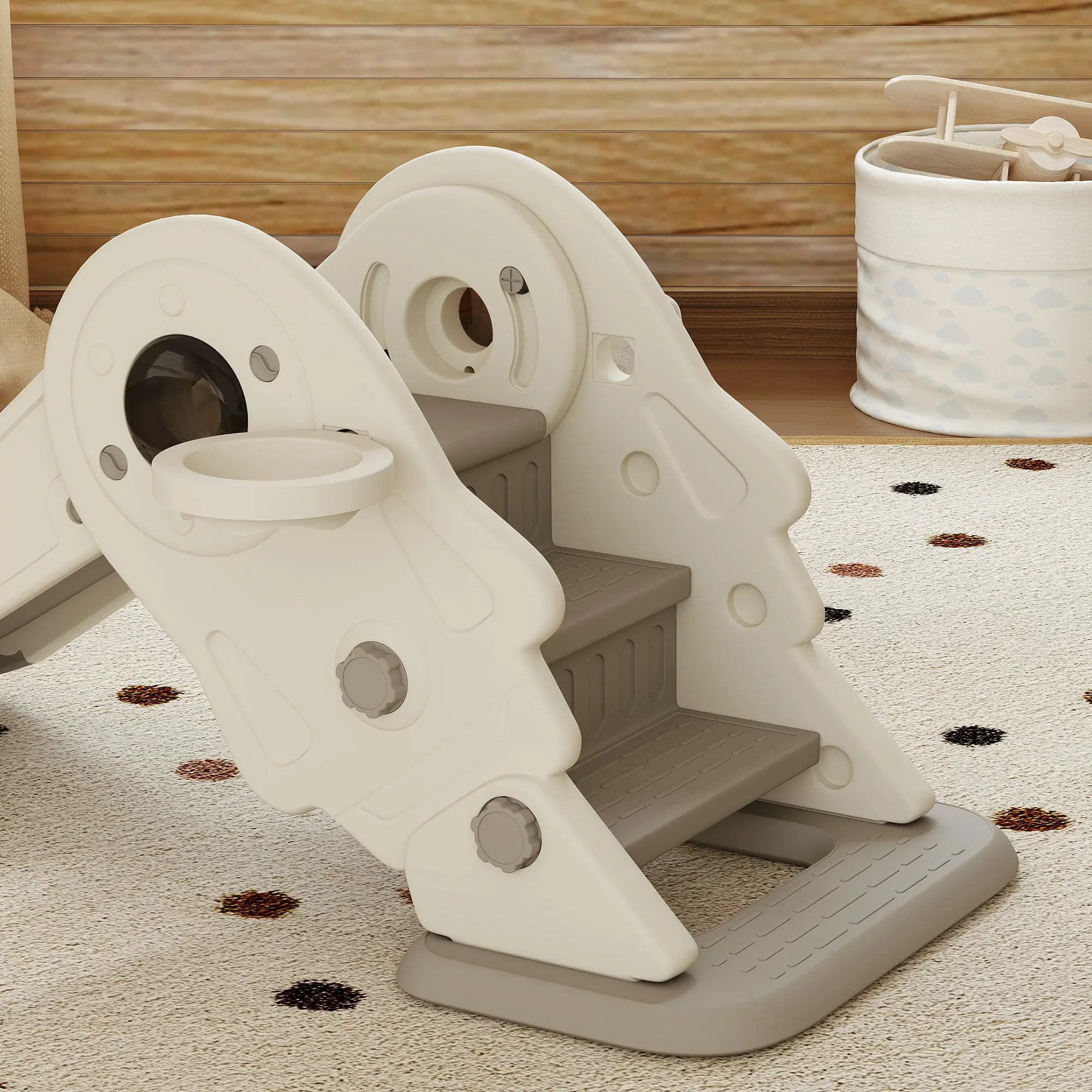 3 in 1 Toddler Slide, Foldable with Basketball Hoop, Climber, Cream White Gym Sets & Swings at Gallery Canada