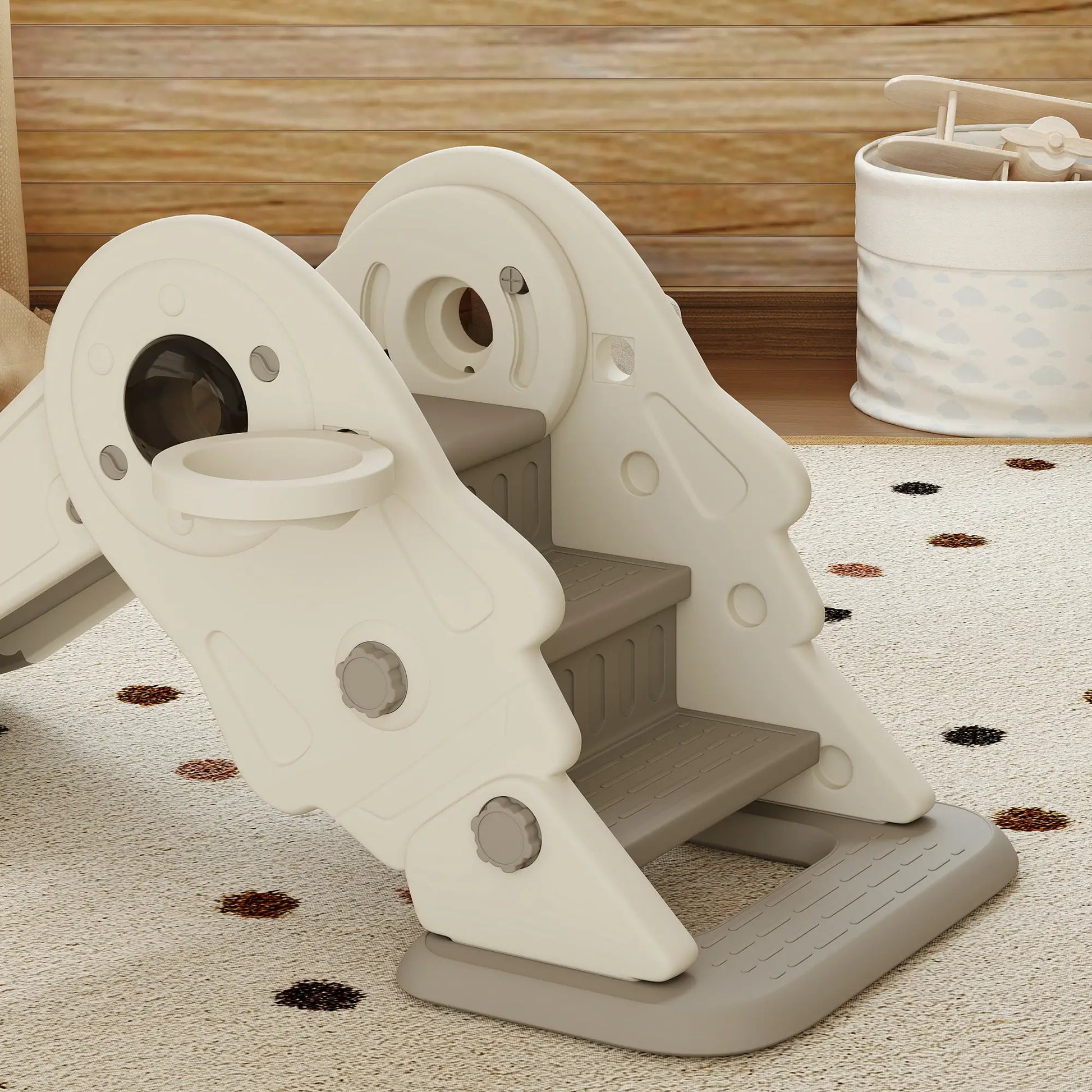 3 in 1 Toddler Slide, Foldable with Basketball Hoop, Climber, Cream White Gym Sets & Swings at Gallery Canada