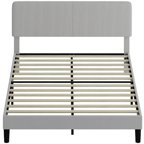Queen Size Bed Frame, Adjustable Upholstered Headboard, Wood Slat Support, Light Grey