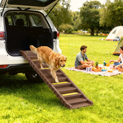 Foldable Dog Car Ramp, Anti-Slip Steps, Brown