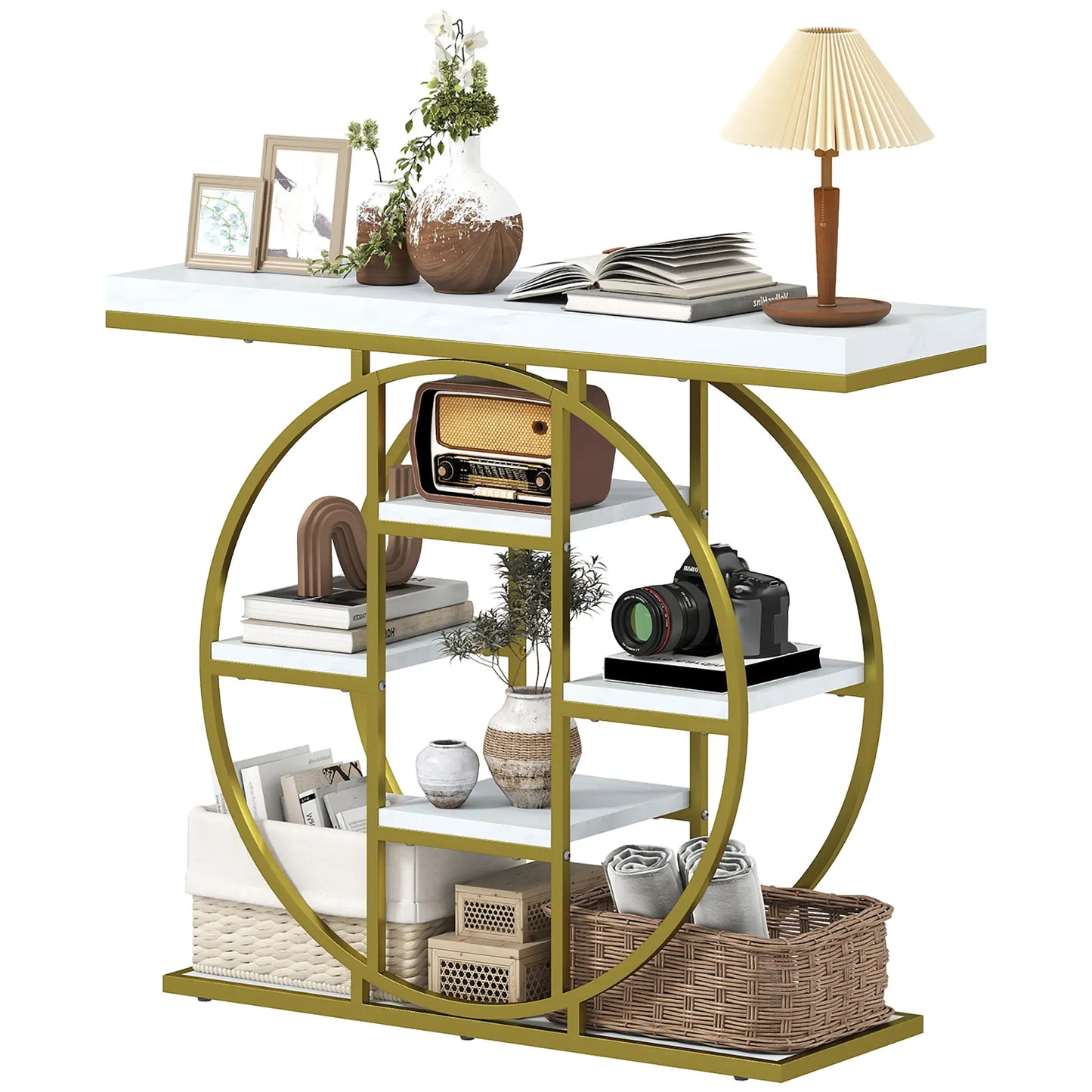 39.4" Console Table With Storage Shelves, White Marble Effect, White