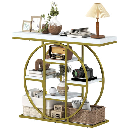 39.4" Console Table With Storage Shelves, White Marble Effect, White