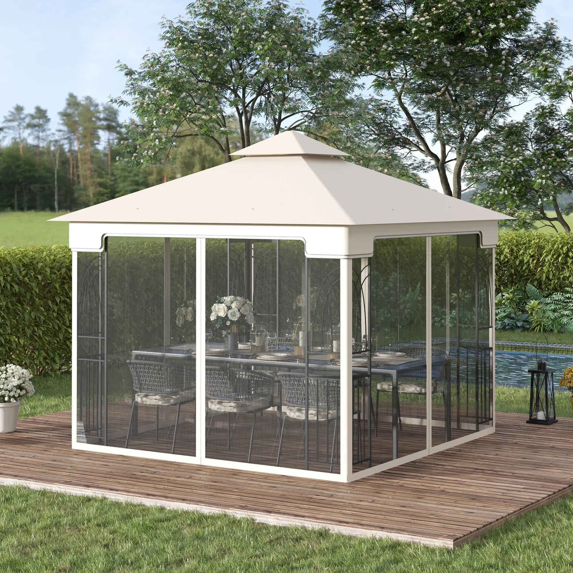 10'x10' Soft-Top Gazebo, Double Tier Roof, Mesh Curtains, Cream Gazebos at Gallery Canada