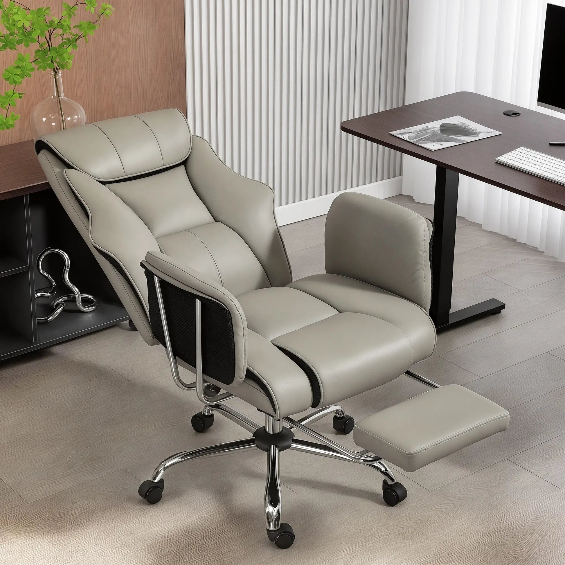 Reclining Office Chair, High Back Executive Desk Chair, PU Leather, Footrest, Swivel Wheels, Grey Executive & Manager Chairs at Gallery Canada