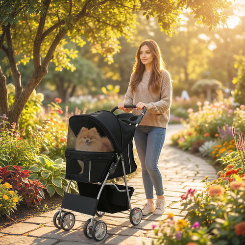 Foldable Pet Stroller With 360° Swivel Wheels, Reflective Strips, Black