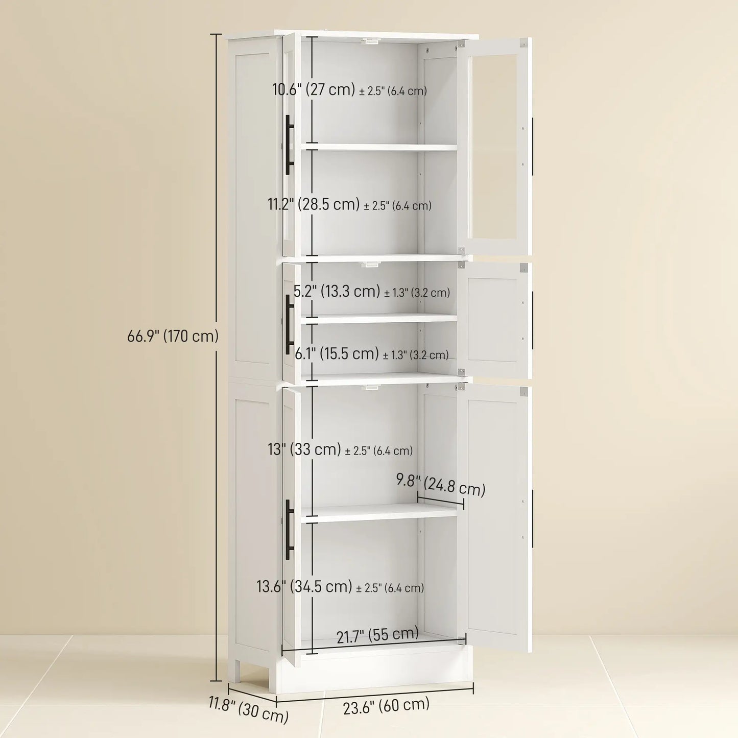67" Tall Bathroom Storage Cabinet, Glass Doors, Adjustable Shelves, White Bathroom Cabinets at Gallery Canada