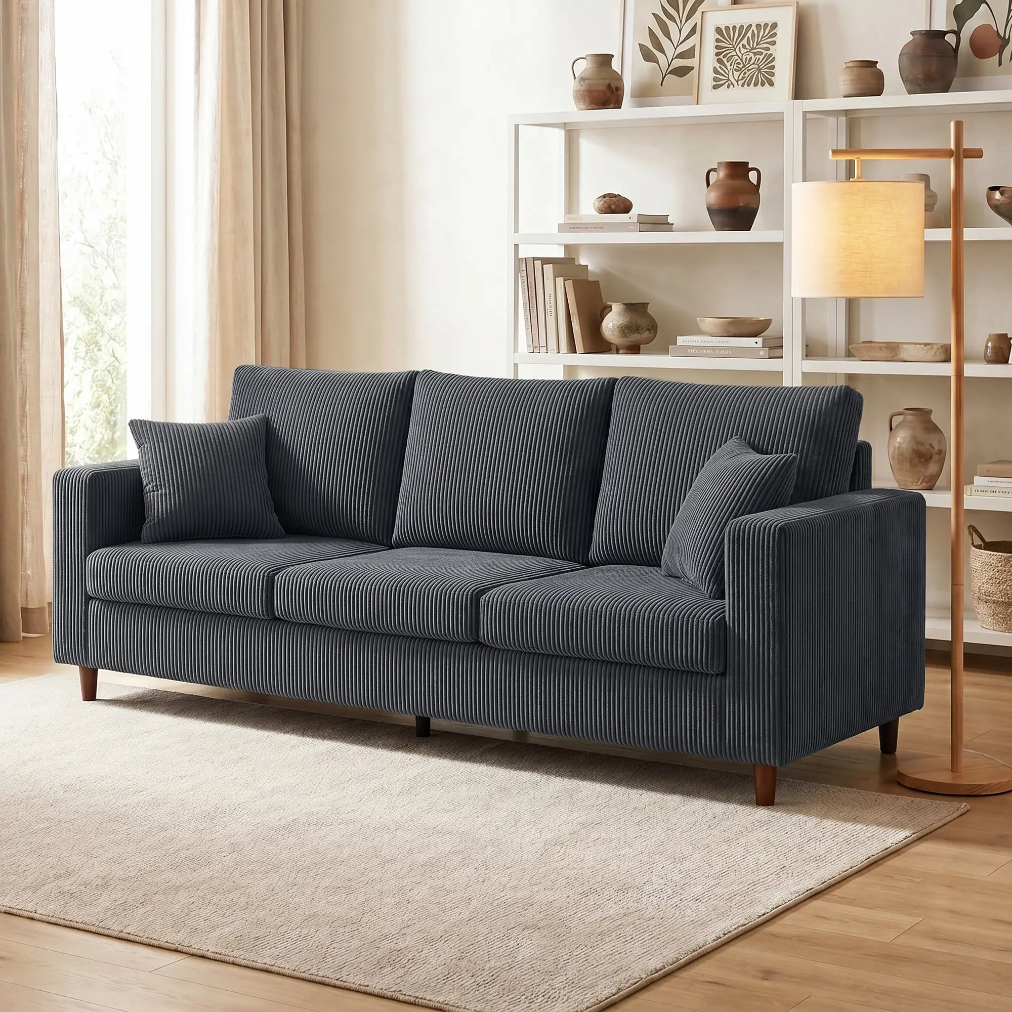 3-Seater Corduroy Sofa with Deep Seat, Dark Grey 3-Seater Sofas at Gallery Canada