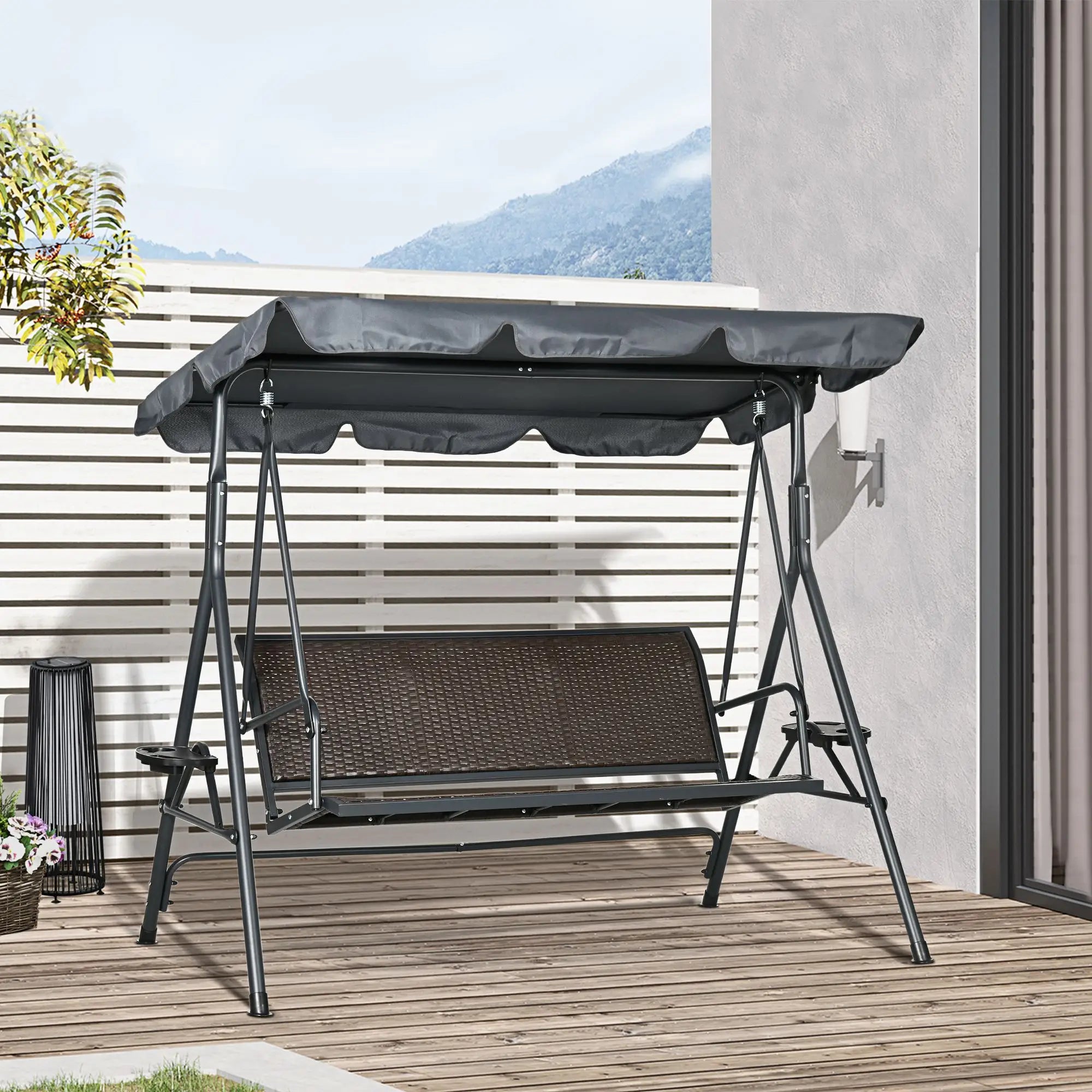 3-Seat Patio Swing Chair, Outdoor Canopy Glider, Rattan Seat, Steel Frame, Dark Grey Porch Swings with Canopy at Gallery Canada