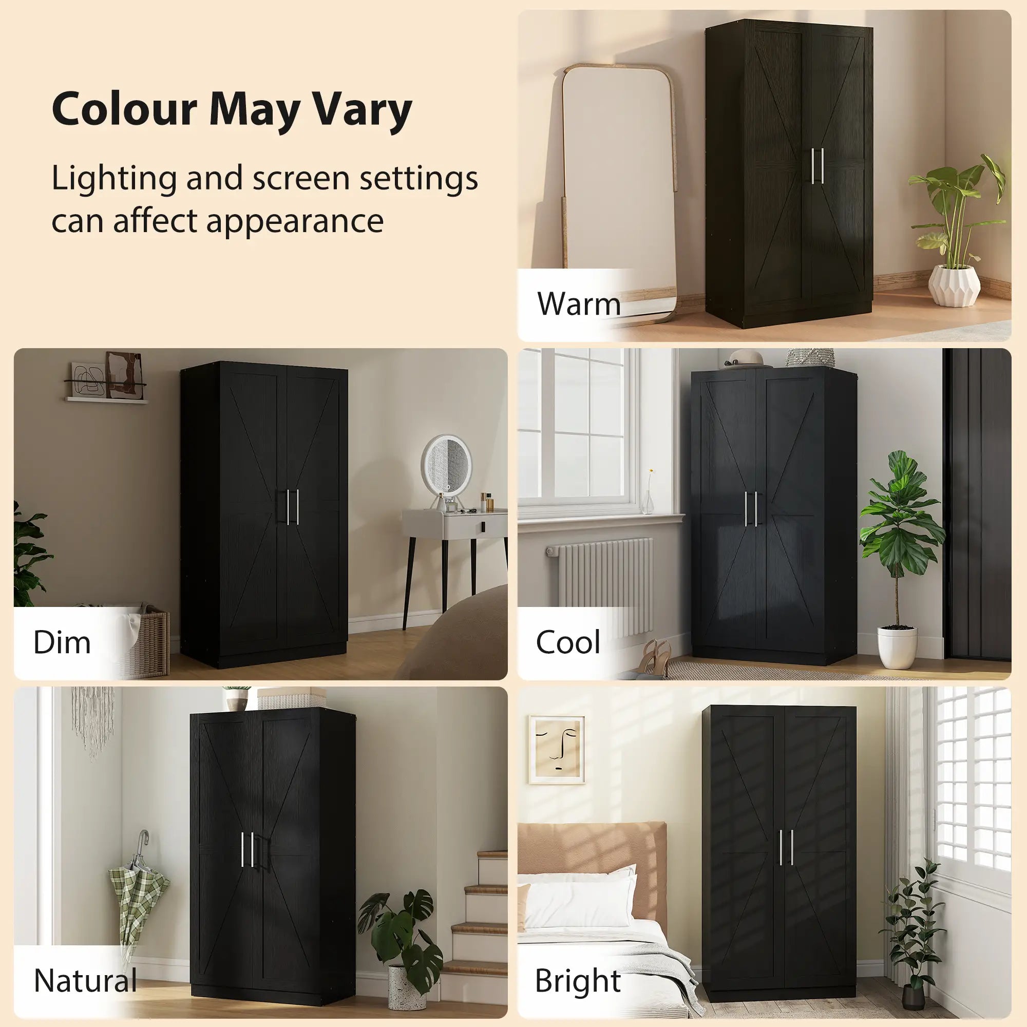 Barn Door Wardrobe Cabinet, 2 Doors With Hanging Rod, Wood Effect, Black Clothing Storage at Gallery Canada
