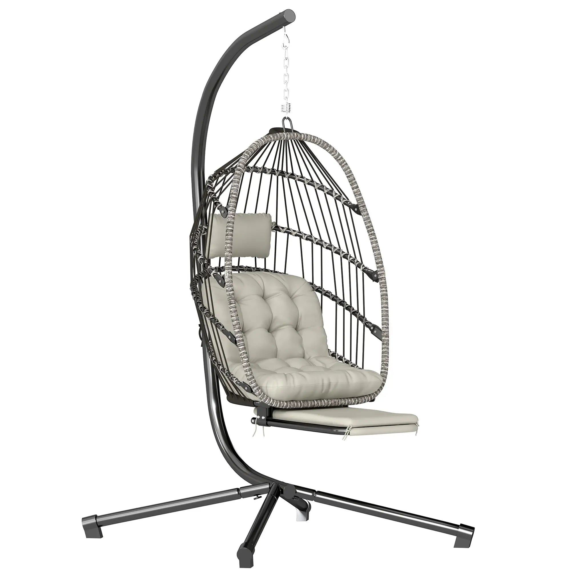 Outdoor Hanging Egg Chair, Retractable Footrest, Metal Stand, Light Grey Patio Swings with Stand at Gallery Canada