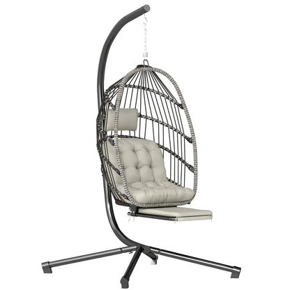 Outdoor Hanging Egg Chair, Retractable Footrest, Metal Stand, Light Grey Patio Swings with Stand at Gallery Canada