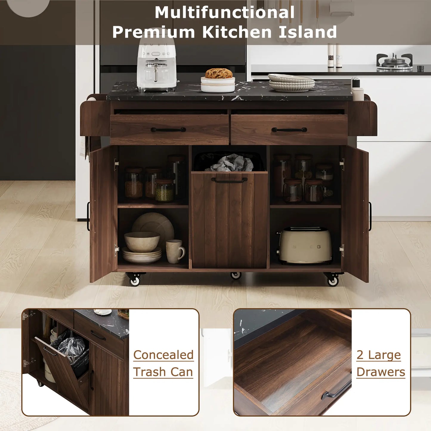 Adjustable Shelf Island, Trash Cabinet, Spice Rack, 51" L x 20" W x 35" H, Walnut Brown Kitchen Islands & Kitchen Carts at Gallery Canada