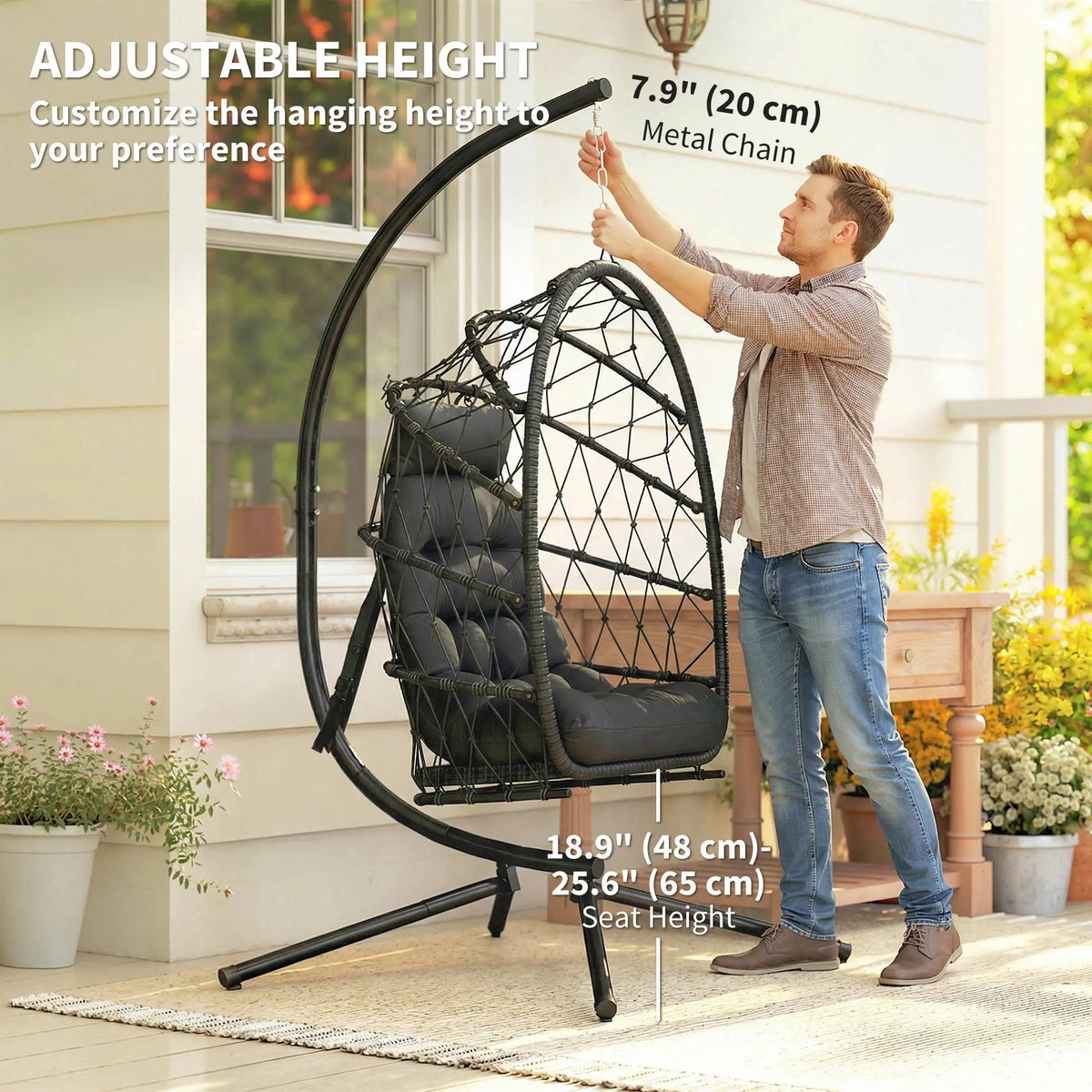Hanging Egg Chair With Stand, Foldable Wicker Rattan Swing, Thick Cushion, Black Patio Swings with Stand at Gallery Canada
