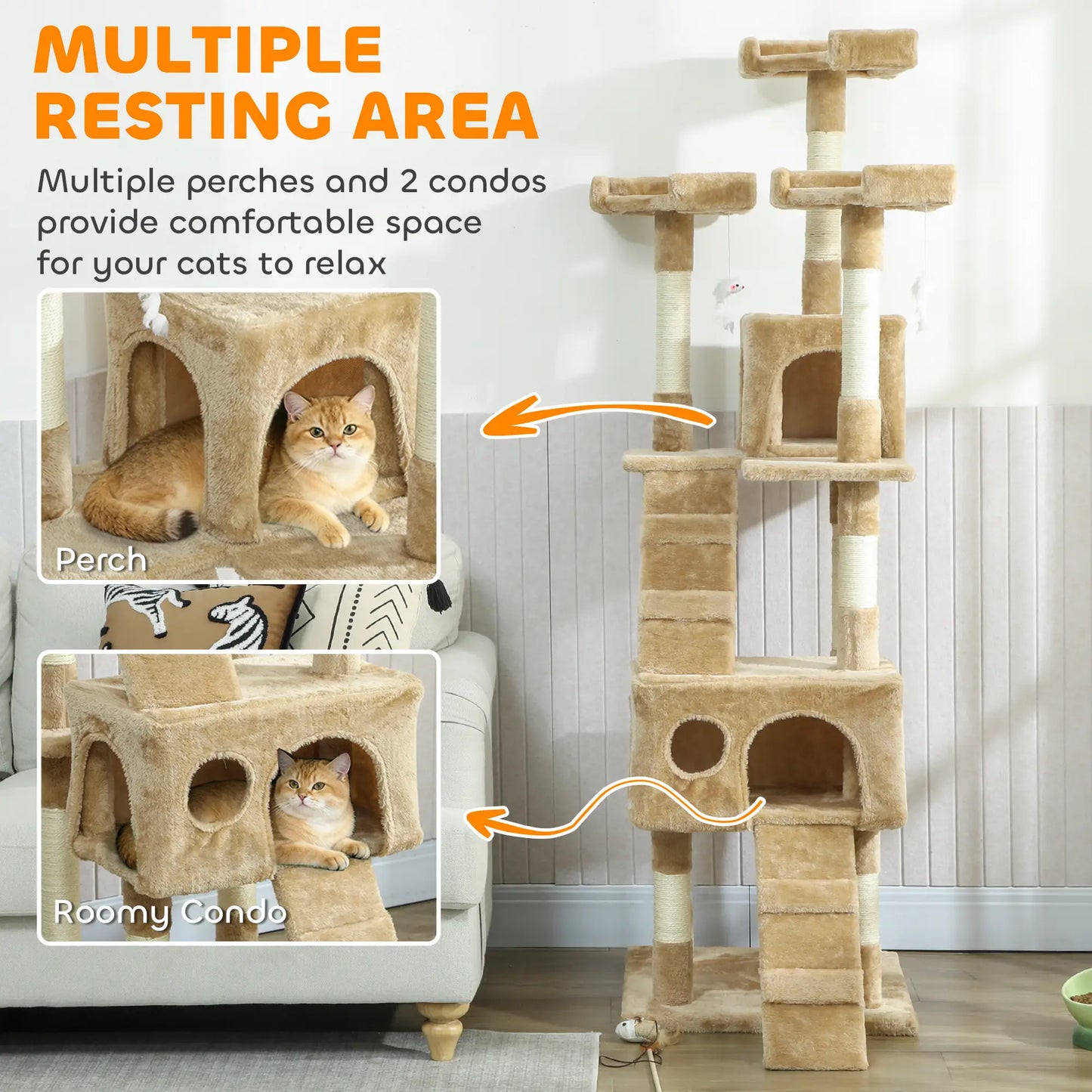 68-Inch Multi-Level Cat Scratching Tree, Light Brown