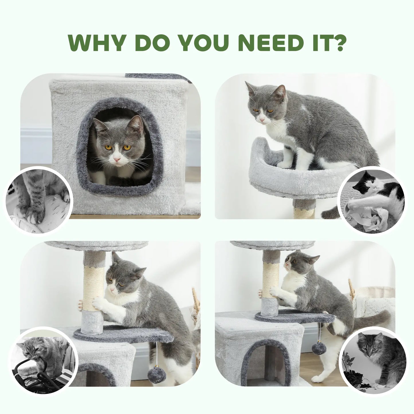 28" Cat Tree Tower with Plush Bed, Condo, Sisal Post, Perch, Ball, Light Grey Cat Posts at Gallery Canada