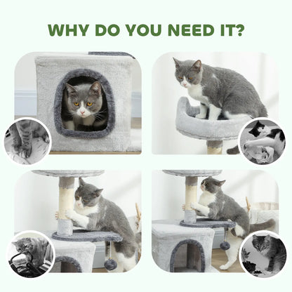 28" Cat Tree Tower with Plush Bed, Condo, Sisal Post, Perch, Ball, Light Grey Cat Posts at Gallery Canada