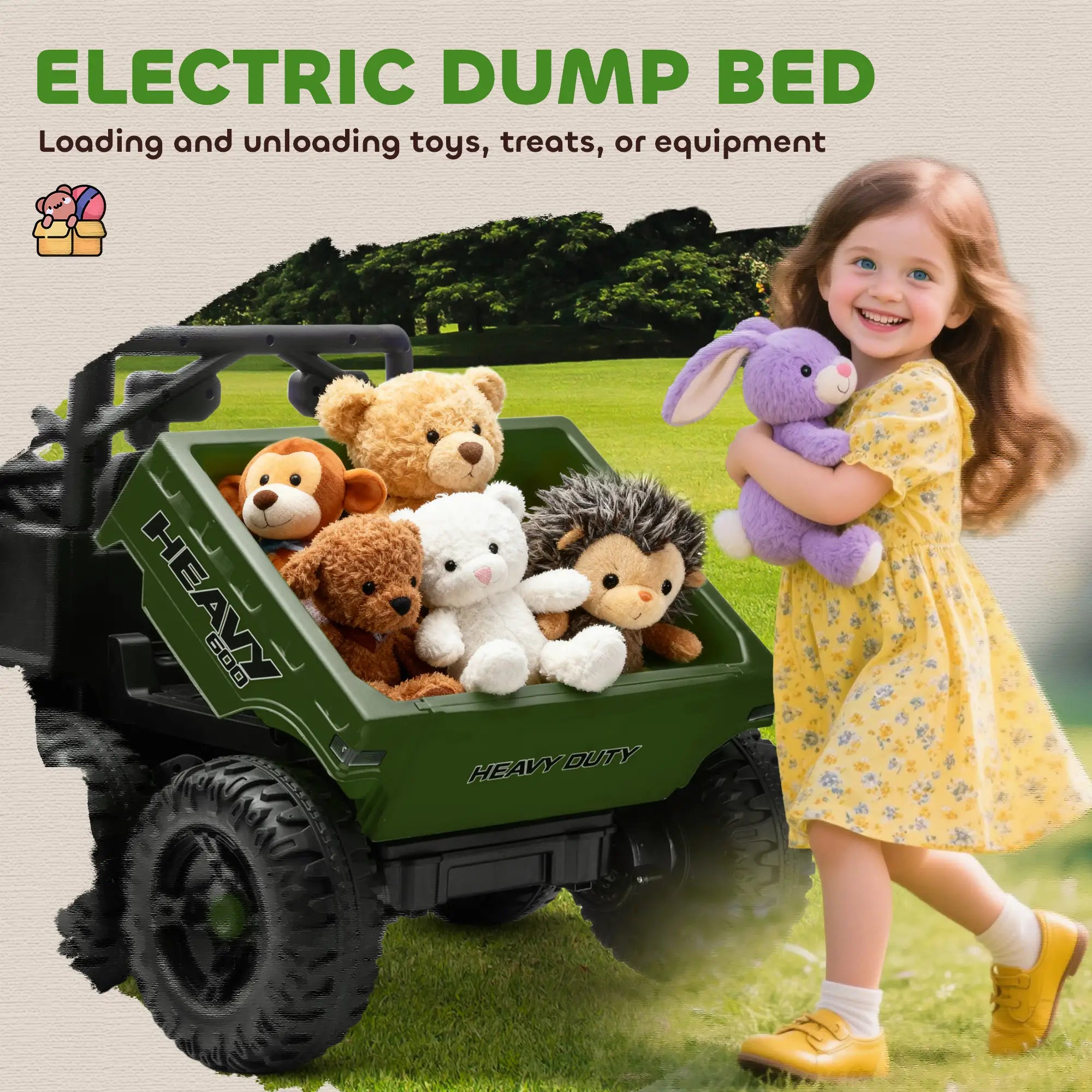 24V 4WD Kids Ride On Truck, 6 Wheels, 2 Seater, Remote, Dump Bed, Green Electric Toy Cars at Gallery Canada