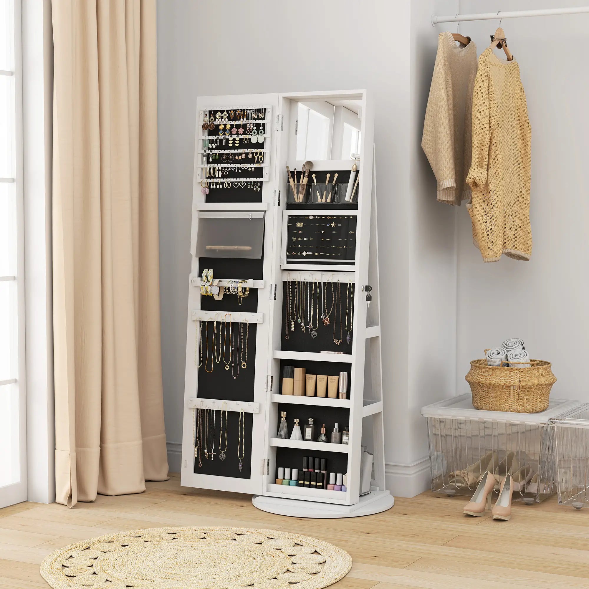 360° Swivel Jewelry Cabinet, Full Length Mirror, Lockable, LED Lights, White Jewelry Armoire & Jewellery Mirror Cabinets at Gallery Canada