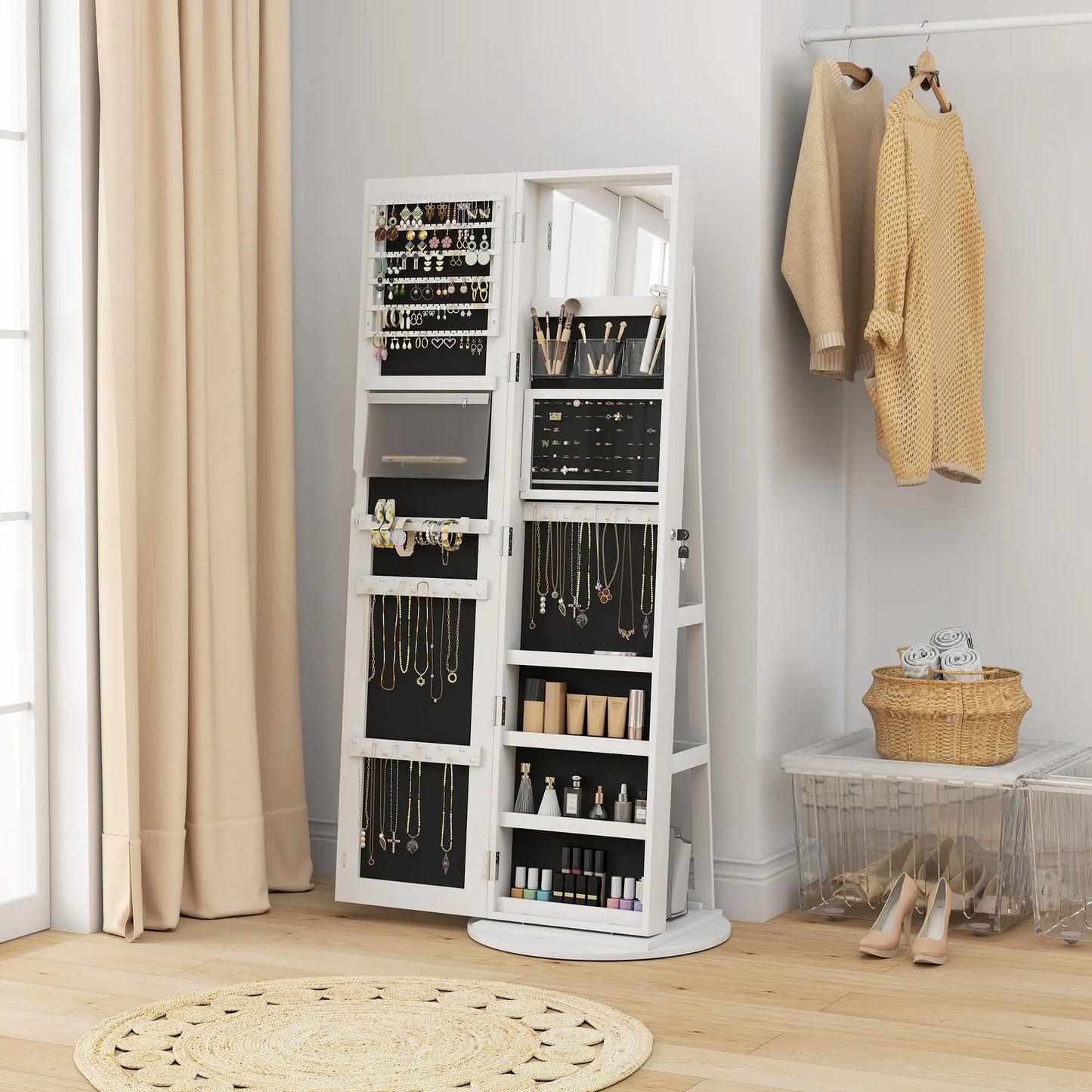 360° Swivel Jewelry Cabinet, Full Length Mirror, Lockable, LED Lights, White Jewelry Armoire & Jewellery Mirror Cabinets at Gallery Canada