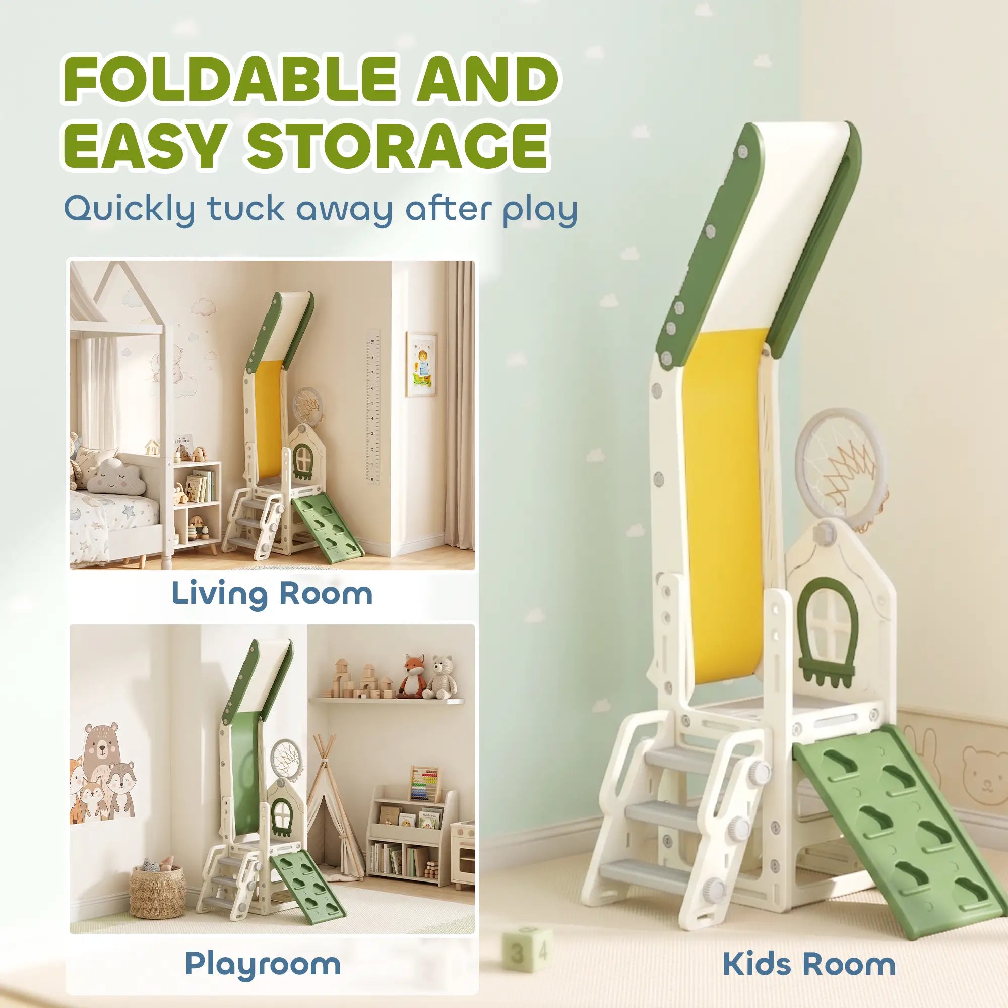 Foldable 4 in 1 Toddler Slide with Climber, Basketball Hoop, Storage Space and Basketball for Ages 1-3 Years, Cream Gym Sets & Swings at Gallery Canada