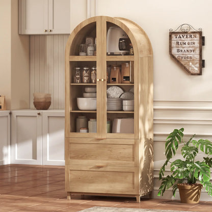Arched Pantry Cabinet 71" Tall Oak, 2 Drawers, Oak