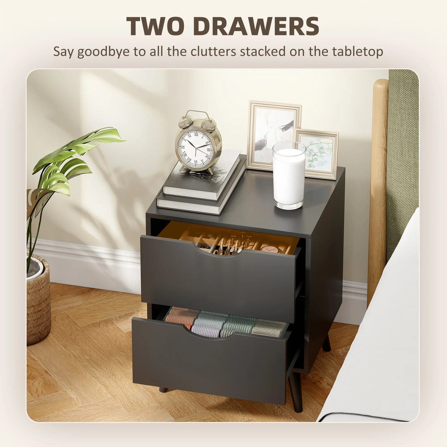 Modern Bedside Table Set Of 2, 2 Drawers, Pine Wood Legs, Black Bedside Tables at Gallery Canada