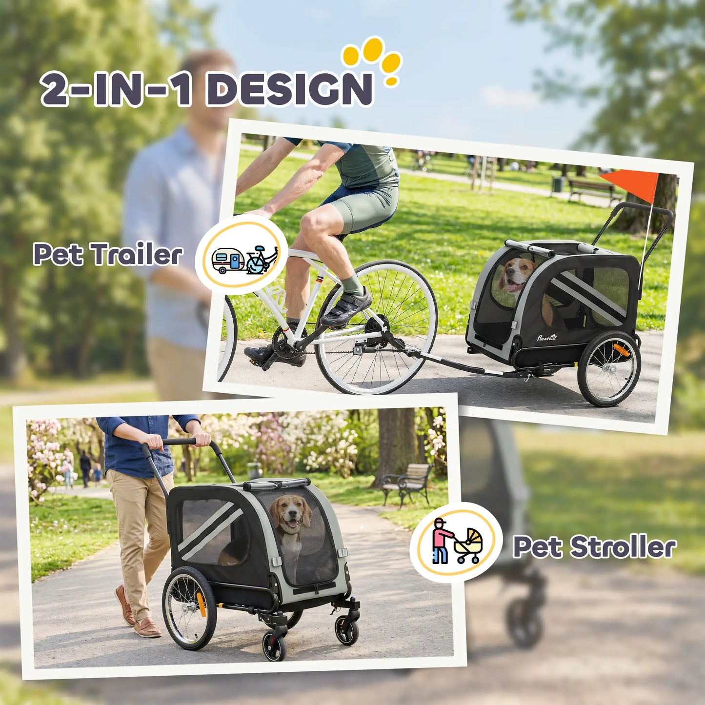 2-in-1 Dog Bike Trailer, Stroller With Reflectors Flag, Grey