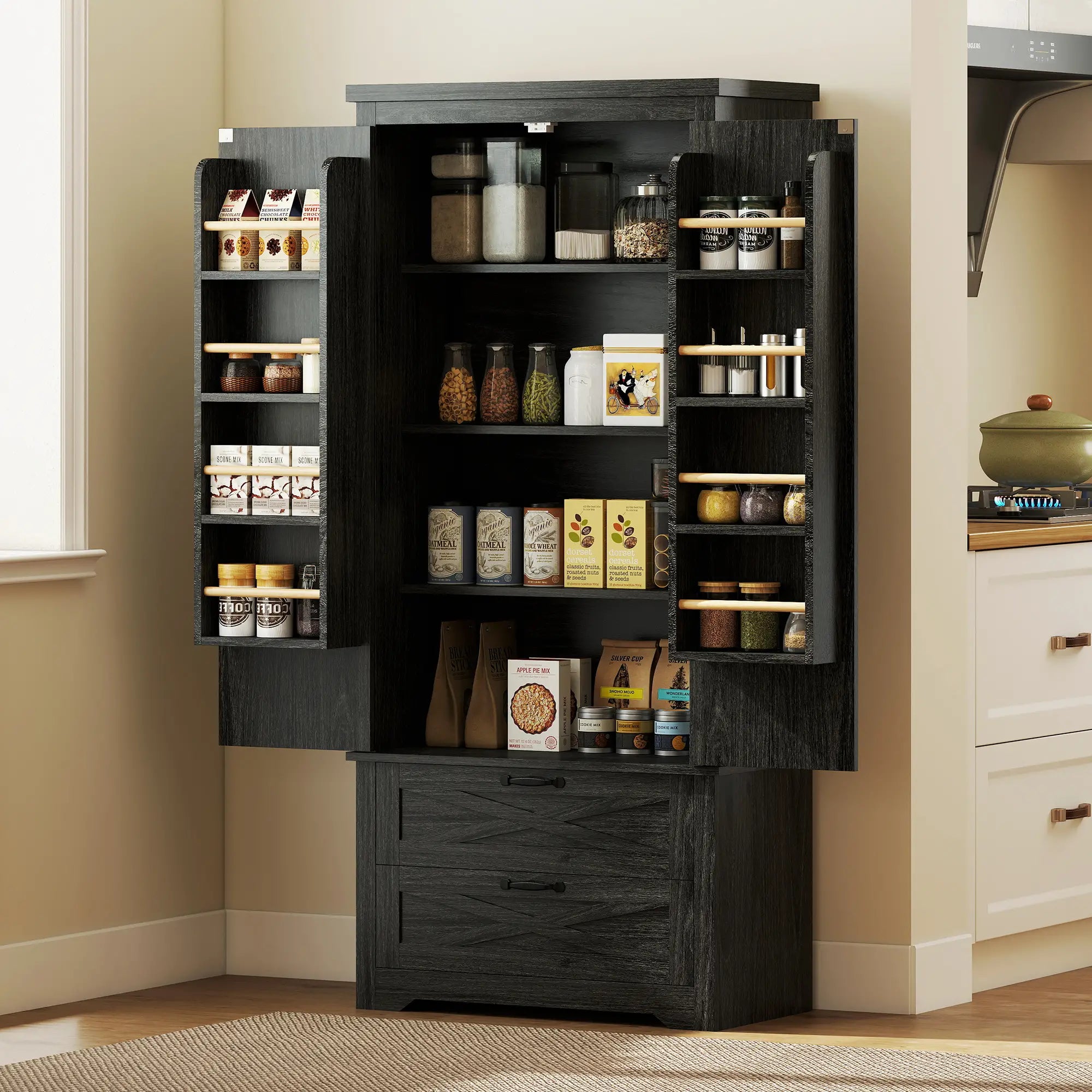 Farmhouse Kitchen Pantry Storage Cabinet, 64 Inch, Distressed Black Kitchen Pantry Cabinets at Gallery Canada