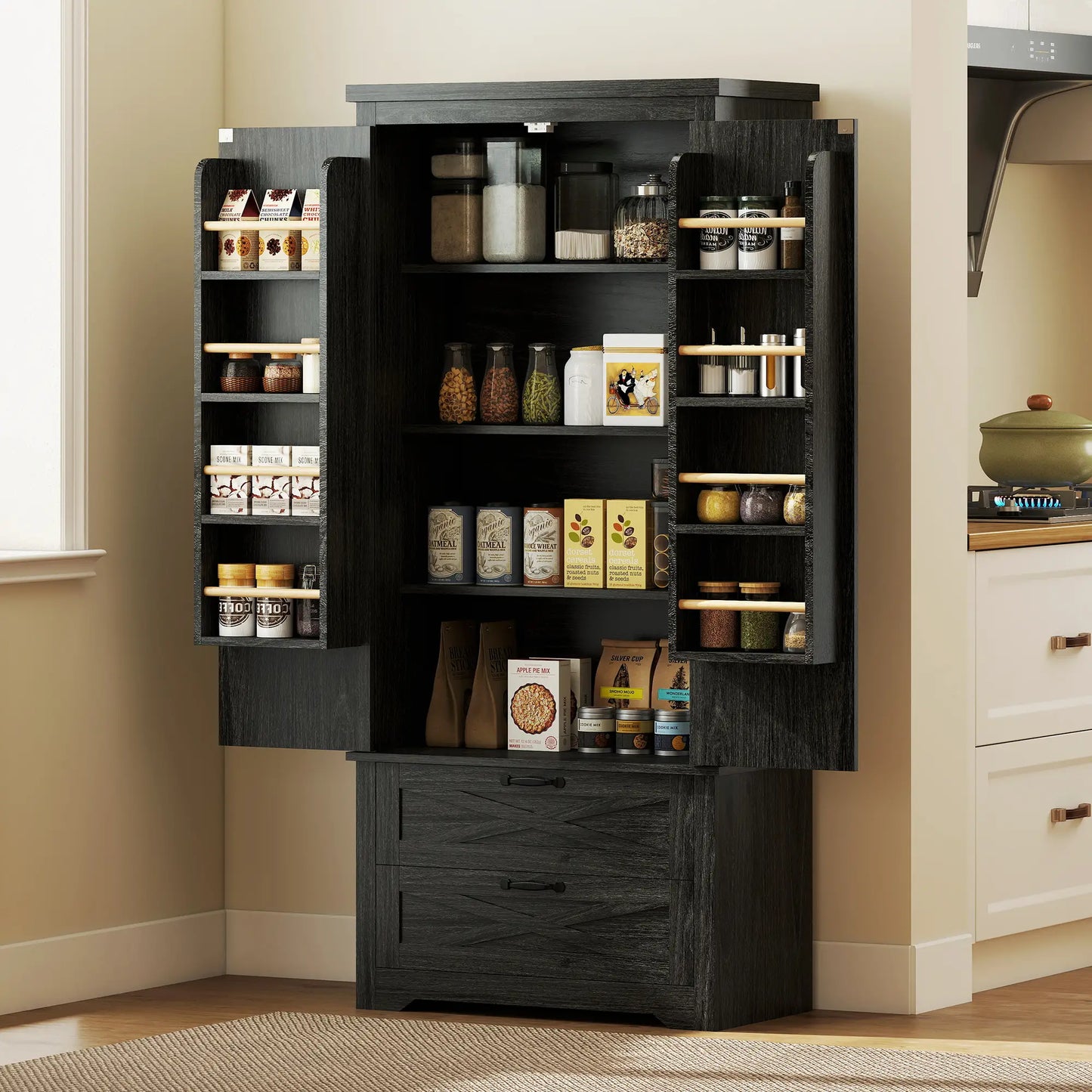 Farmhouse Kitchen Pantry Storage Cabinet, 64 Inch, Distressed Black Kitchen Pantry Cabinets at Gallery Canada