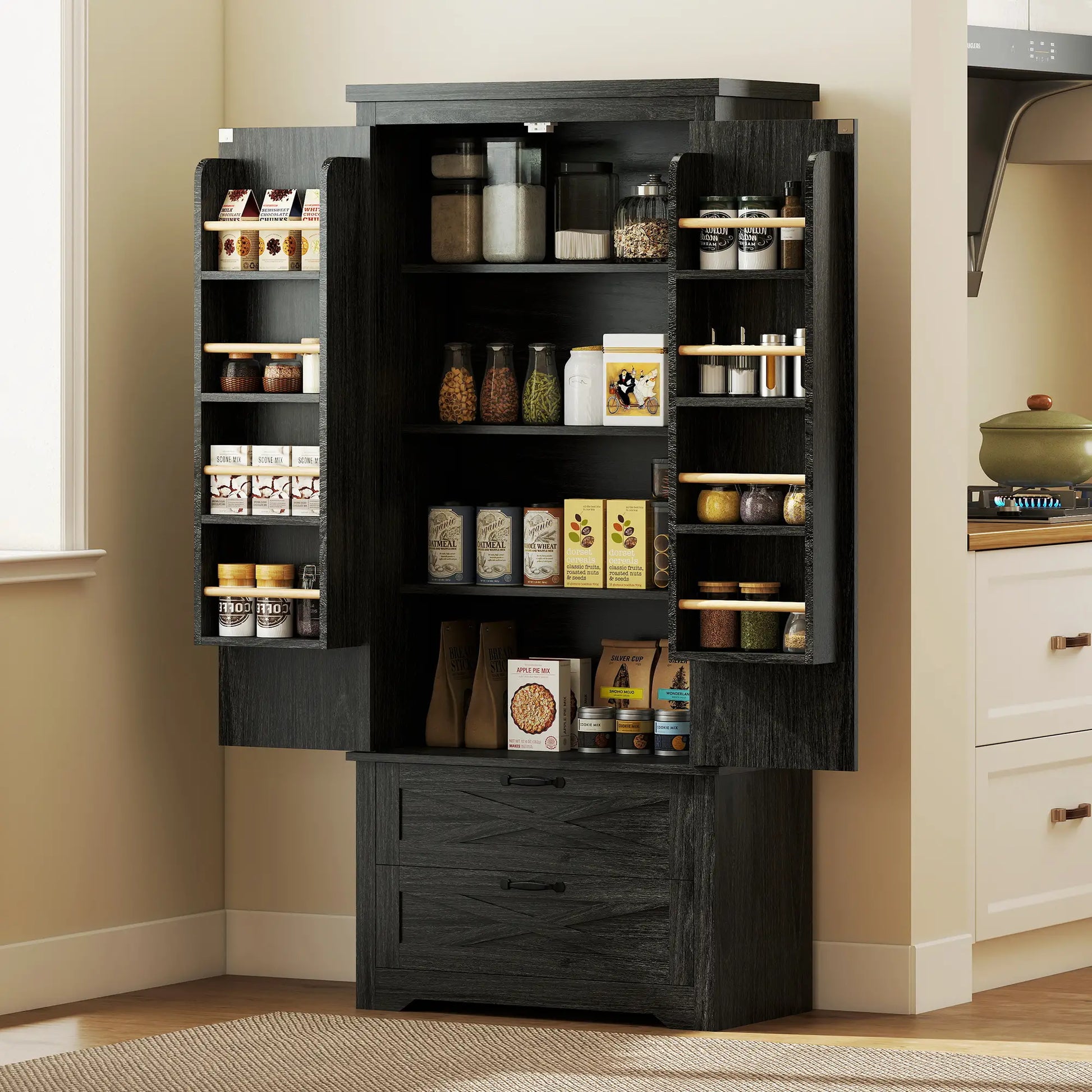 Farmhouse Kitchen Pantry Storage Cabinet, 64 Inch, Distressed Black Kitchen Pantry Cabinets at Gallery Canada