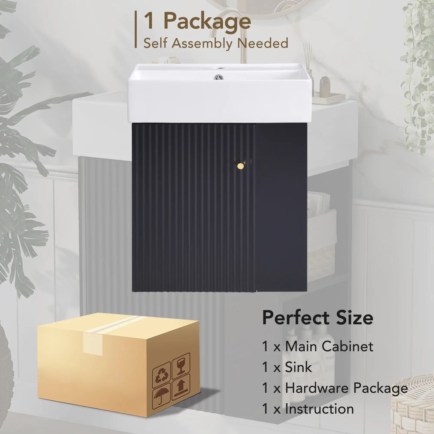 Floating Bathroom Vanity, Ceramic Basin, Right Storage, 21.5" L x 12" W x 26.5" H, Black+White Sink Cabinets at Gallery Canada