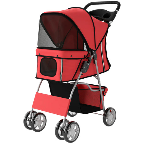 Foldable Pet Stroller, 360° Swivel Wheels, Reflective Strips, Red