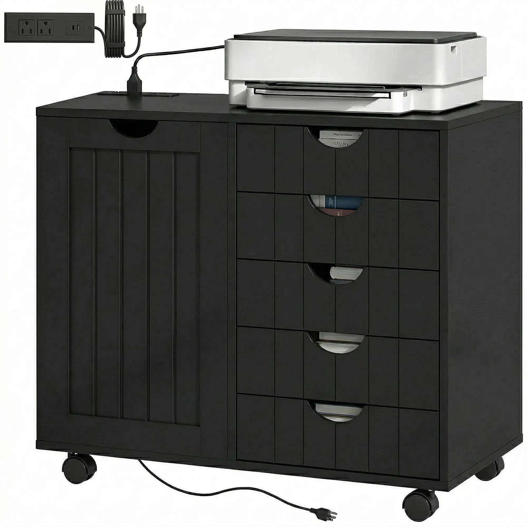 Mobile Lateral Filing Cabinet with 5 Drawers, Printer Stand, Black Office Cabinets & Cupboards Black at Gallery Canada