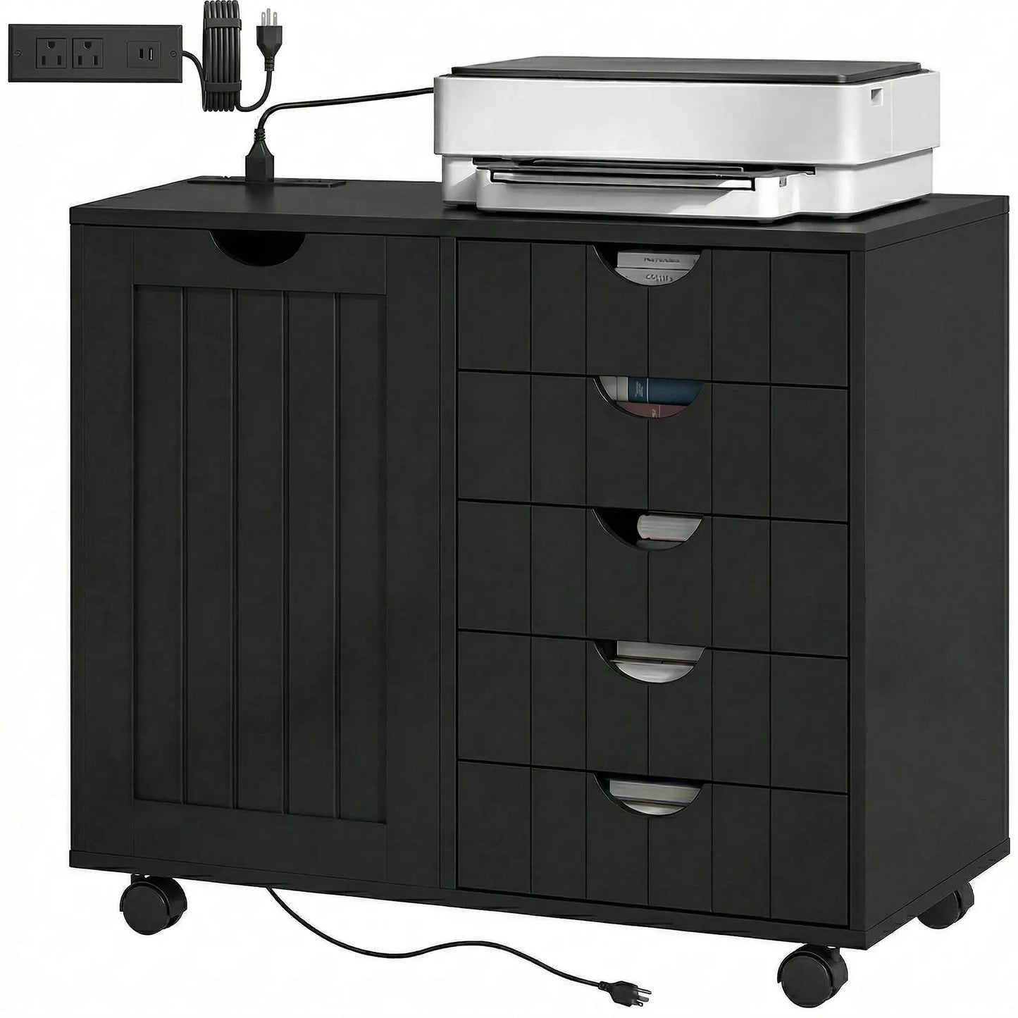 Mobile Lateral Filing Cabinet with 5 Drawers, Printer Stand, Black Office Cabinets & Cupboards Black at Gallery Canada