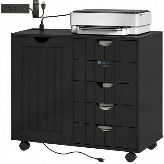 Mobile Lateral Filing Cabinet with 5 Drawers, Printer Stand, Black Office Cabinets & Cupboards Black at Gallery Canada
