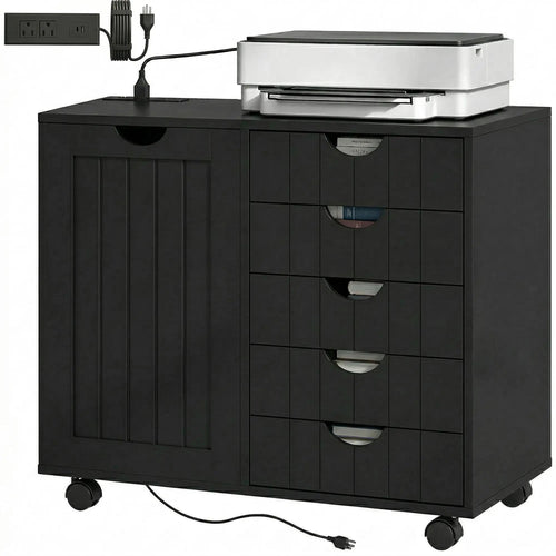 Mobile Lateral Filing Cabinet with 5 Drawers, Printer Stand, Black