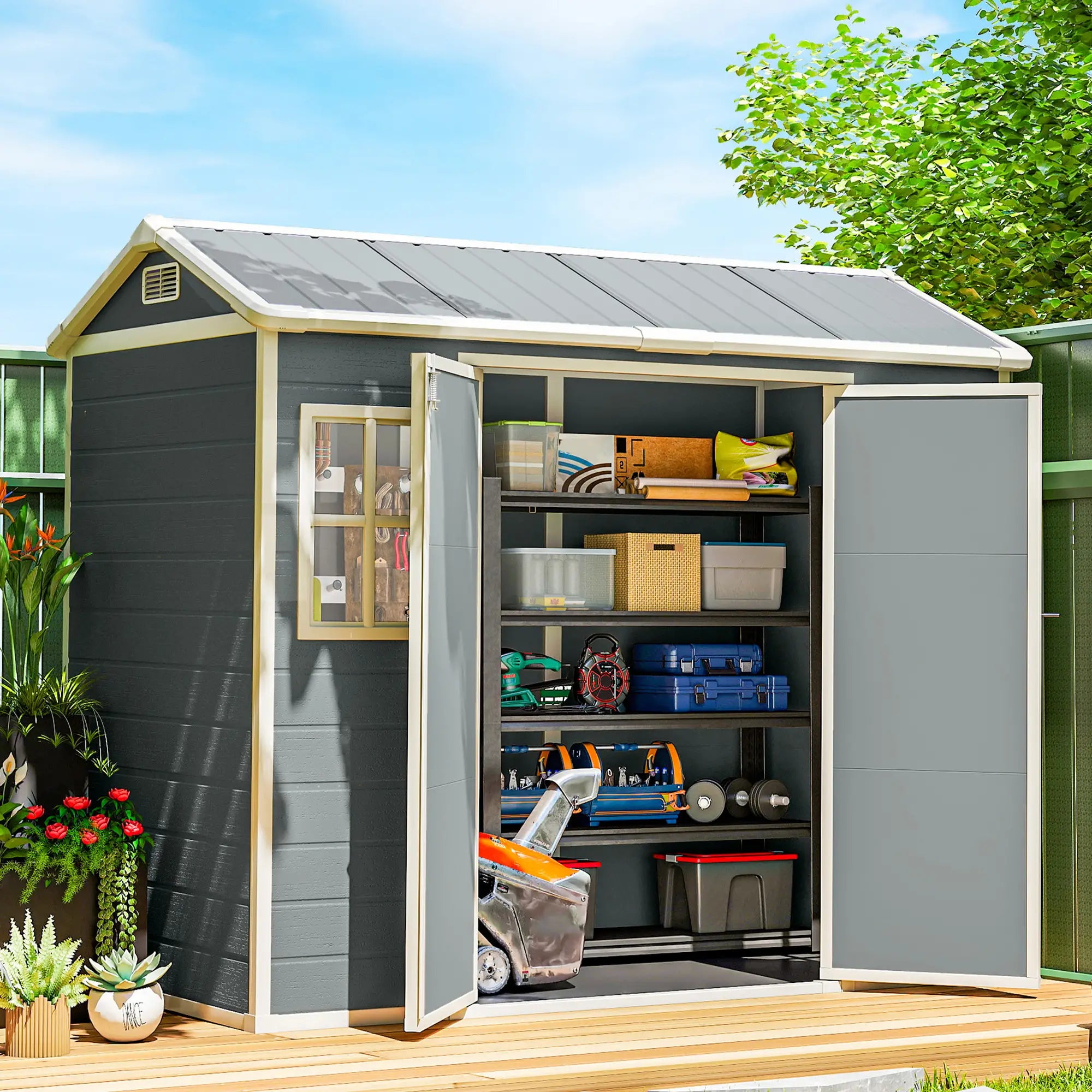 8 x 4 ft Plastic Garden Shed, Grey Wood-Effect Storage Shed, Grey Sheds at Gallery Canada
