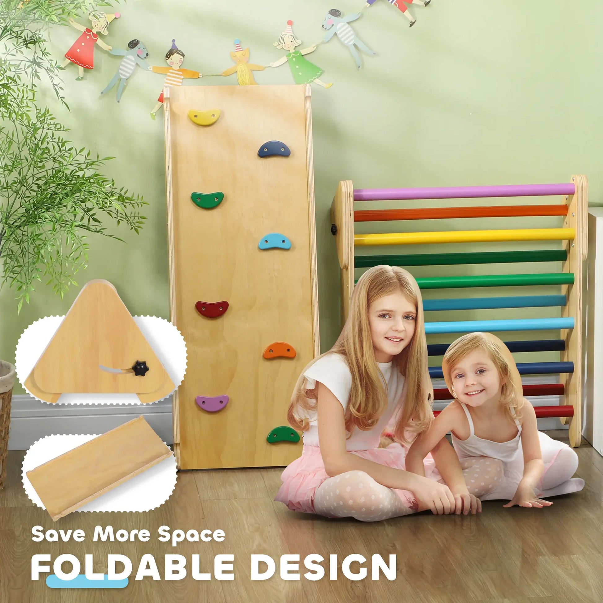 Pikler Triangle Set, 3 in 1 Climbing Toys with Ramp for Toddlers, Nature Wood Baby Gym & Playmats at Gallery Canada
