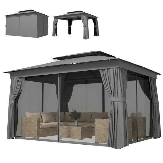 10' x 12.5' Gazebo, With Curtains, Netting, Double Roof, Dark Grey Gazebos Dark Grey at Gallery Canada