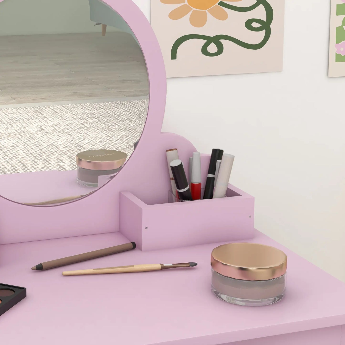 Cat Design Makeup Vanity with Mirror, Stool, Drawer, Pink Toy Vanity at Gallery Canada