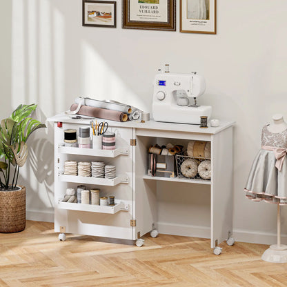 Folding Sewing Table with Storage, Lockable Wheels, White Storage Cabinets at Gallery Canada