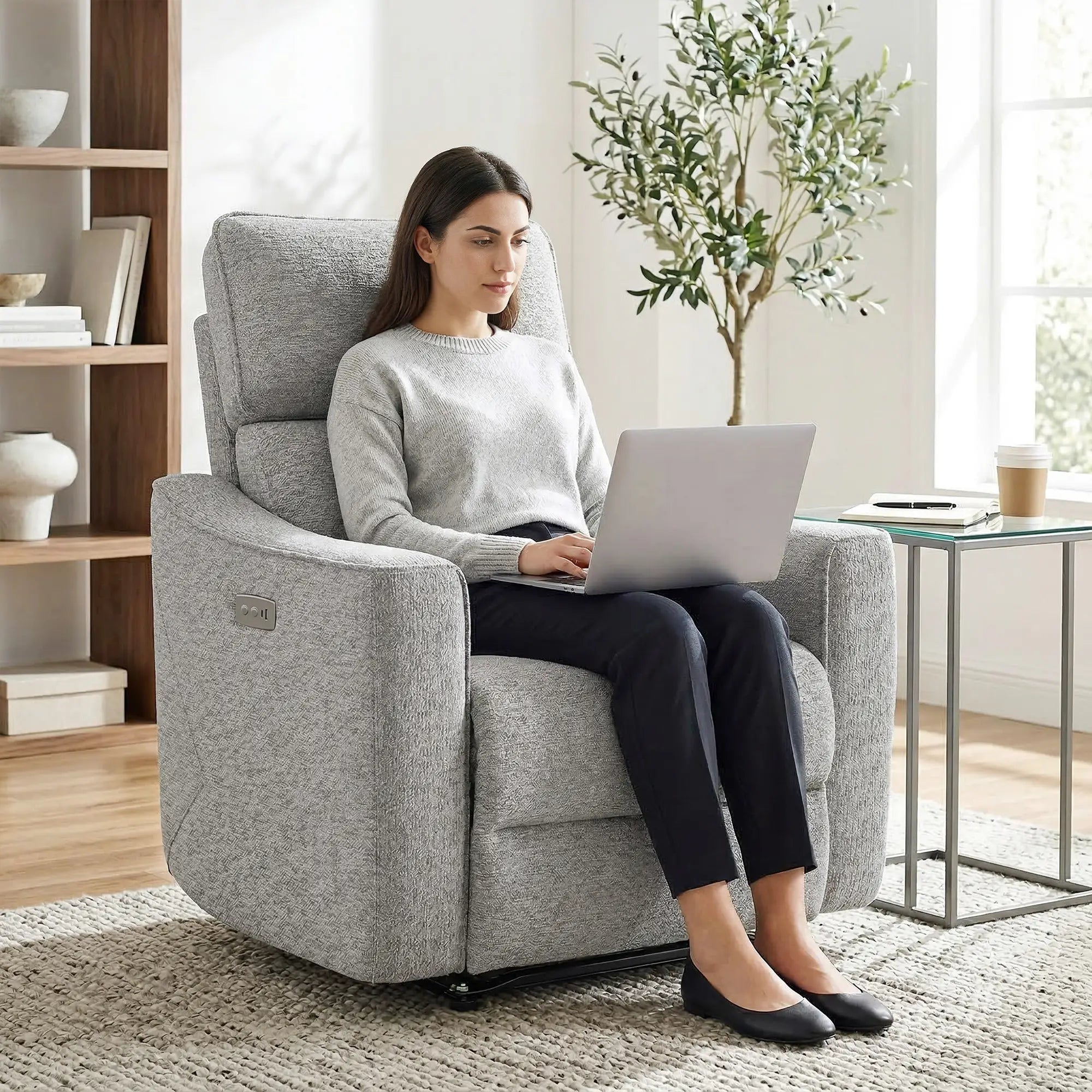 Power Recliner Chair, Linen Fabric, USB Ports, Footrest, Grey Sofas & Reclining Chairs at Gallery Canada