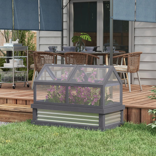 Raised Garden Bed Kit With Greenhouse, Wooden Cold Frame Planter, 48" x 24" x 32", Grey Cold Frame Greenhouses Grey at Gallery Canada