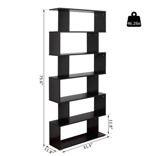 Wooden S Shape Bookcase 6 Shelves Storage Display Home Office Furniture - Gallery Canada