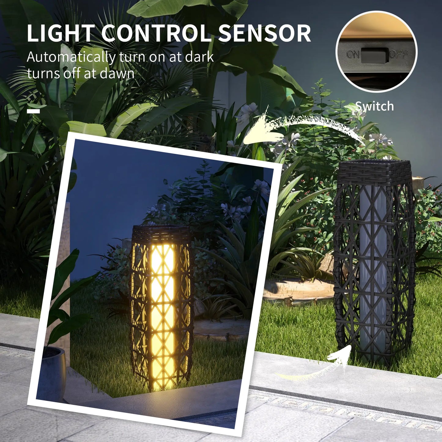 Solar LED Wicker Floor Lamp, IP44, Auto On/Off, Grey Solar Post Lamps at Gallery Canada