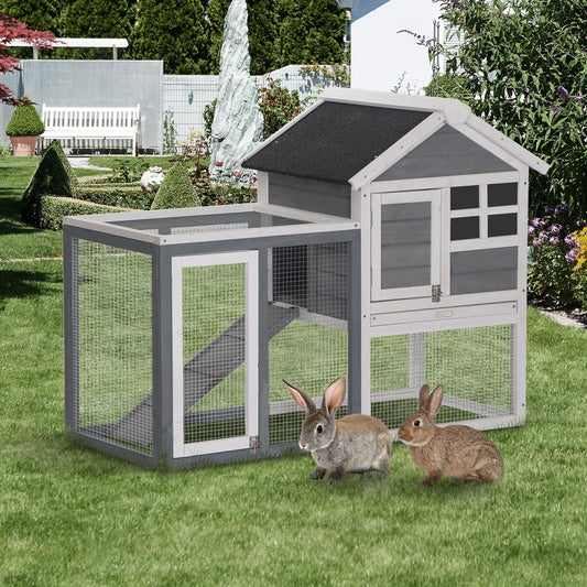48" Weatherproof Wooden Rabbit Hutch With Slant Roof And Screened Outdoor Run, Grey - Gallery Canada