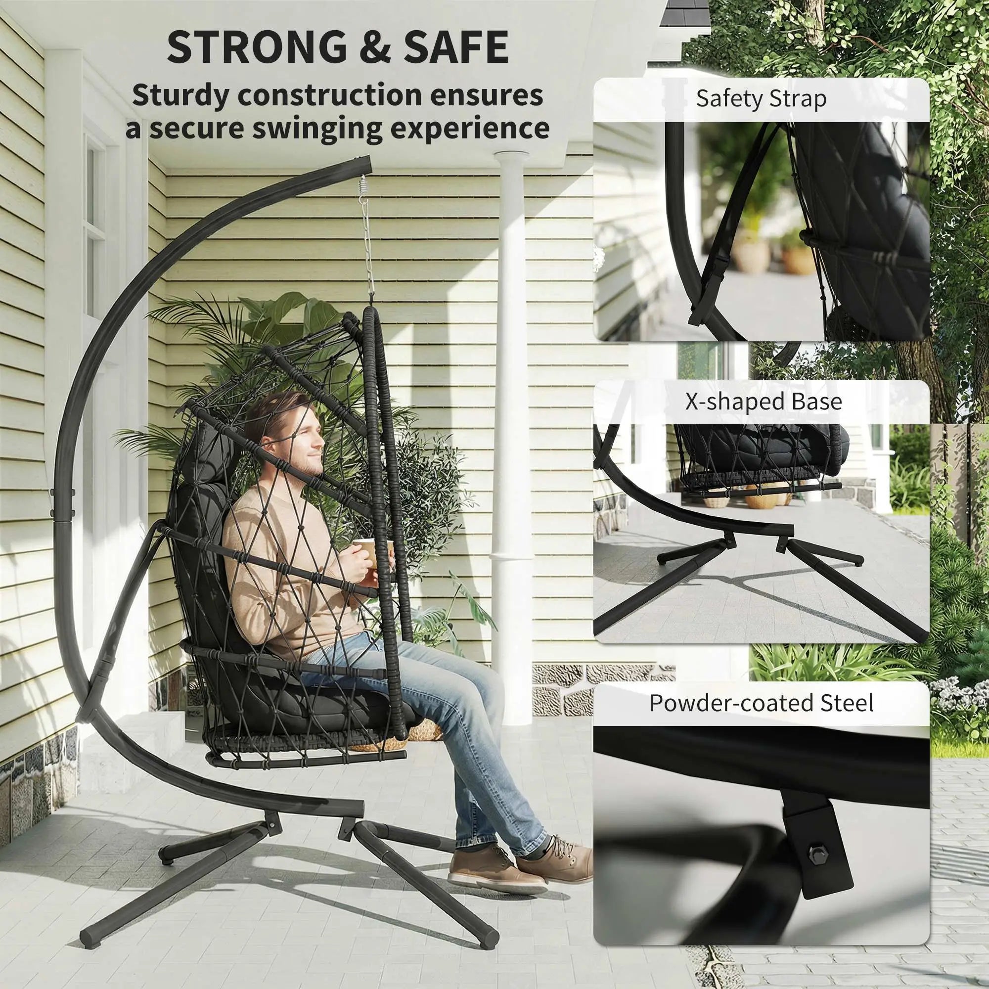 Hanging Egg Chair With Stand, Foldable Wicker Rattan Swing, Thick Cushion, Black Patio Swings with Stand at Gallery Canada
