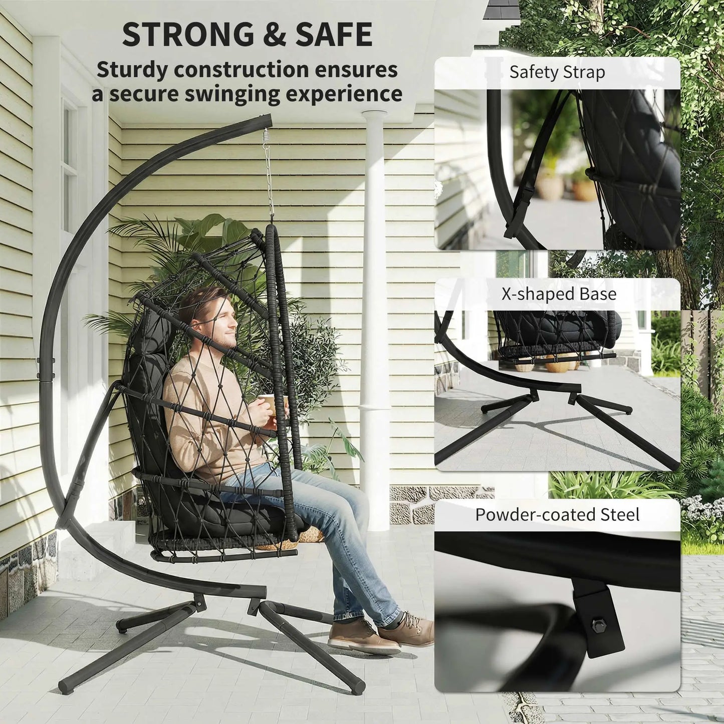 Hanging Egg Chair With Stand, Foldable Wicker Rattan Swing, Thick Cushion, Black Patio Swings with Stand at Gallery Canada