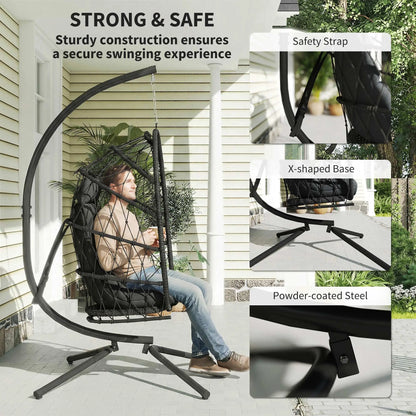 Hanging Egg Chair With Stand, Foldable Wicker Rattan Swing, Thick Cushion, Black Patio Swings with Stand at Gallery Canada